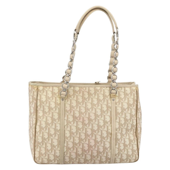 Christian Dior Romantic Chain Tote Bag PVC Leather Beige Silver Auth BA14725