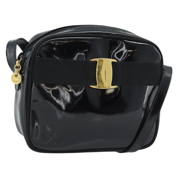 Salvatore Ferragamo Vala Shoulder Bag Patent Black Gold Tone Auth BA14727