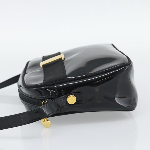 Salvatore Ferragamo Vala Shoulder Bag Patent Black Gold Tone Auth BA14727