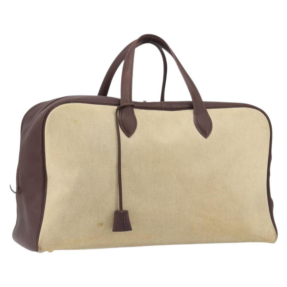 HERMES Victoria 50 Boston Bag Canvas Beige Brown Auth BA14733