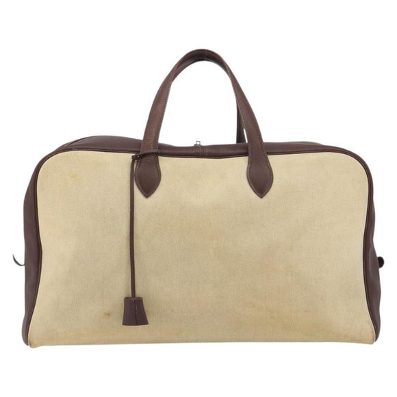 HERMES Victoria 50 Boston Bag Canvas Beige Brown Auth BA14733