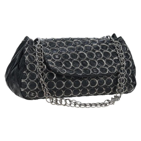 CHANEL Chain Shoulder Bag Patent Black Silver CC Auth BA14739