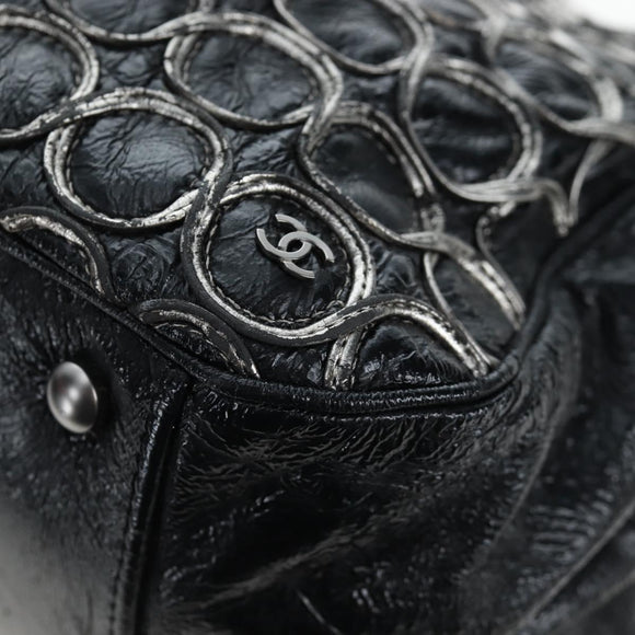 CHANEL Chain Shoulder Bag Patent Black Silver CC Auth BA14739