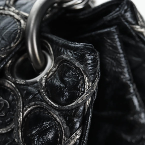 CHANEL Chain Shoulder Bag Patent Black Silver CC Auth BA14739