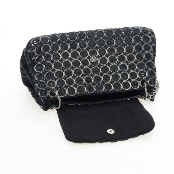 CHANEL Chain Shoulder Bag Patent Black Silver CC Auth BA14739