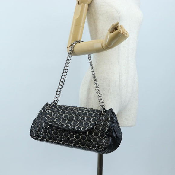 CHANEL Chain Shoulder Bag Patent Black Silver CC Auth BA14739