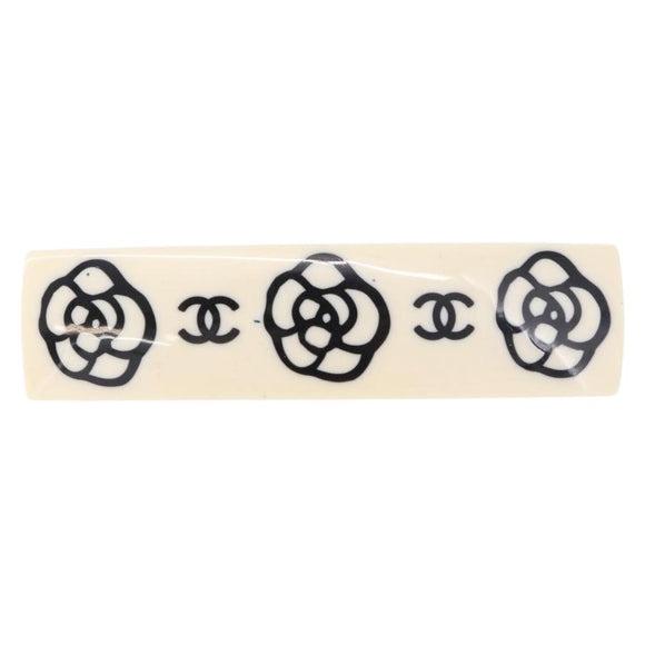 CHANEL Camellia Barrette Hair Clip Plastic White Gold Tone CC Auth BA14745V