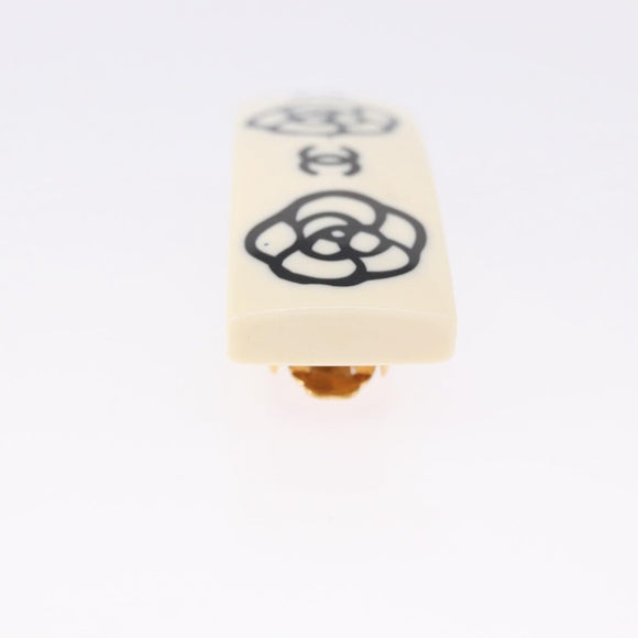 CHANEL Camellia Barrette Hair Clip Plastic White Gold Tone CC Auth BA14745V