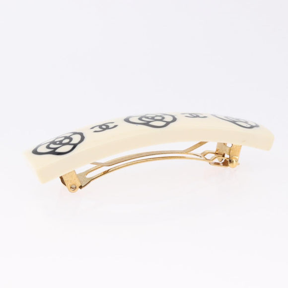 CHANEL Camellia Barrette Hair Clip Plastic White Gold Tone CC Auth BA14745V