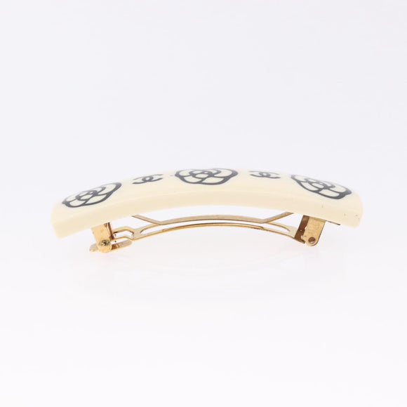 CHANEL Camellia Barrette Hair Clip Plastic White Gold Tone CC Auth BA14745V