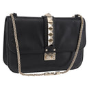 VALENTINO Studs Chain Shoulder Bag Leather Black Gold Tone Auth BA14768A-1