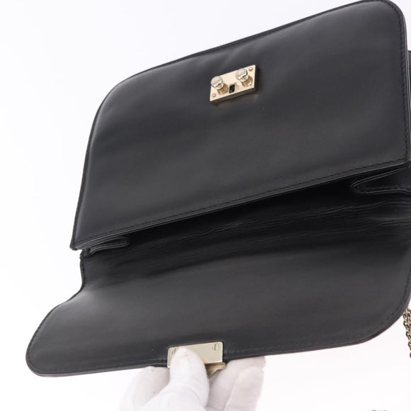 VALENTINO Studs Chain Shoulder Bag Leather Black Gold Tone Auth BA14768A