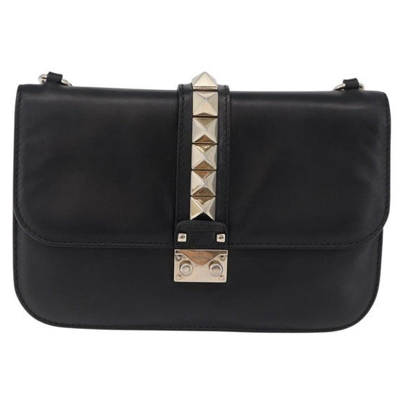 VALENTINO Studs Chain Shoulder Bag Leather Black Gold Tone Auth BA14768A
