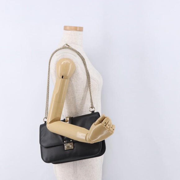 VALENTINO Studs Chain Shoulder Bag Leather Black Gold Tone Auth BA14768A