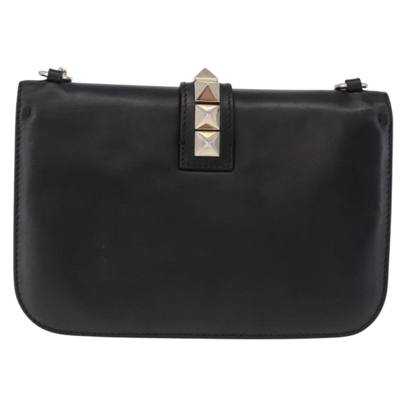 VALENTINO Studs Chain Shoulder Bag Leather Black Gold Tone Auth BA14768A
