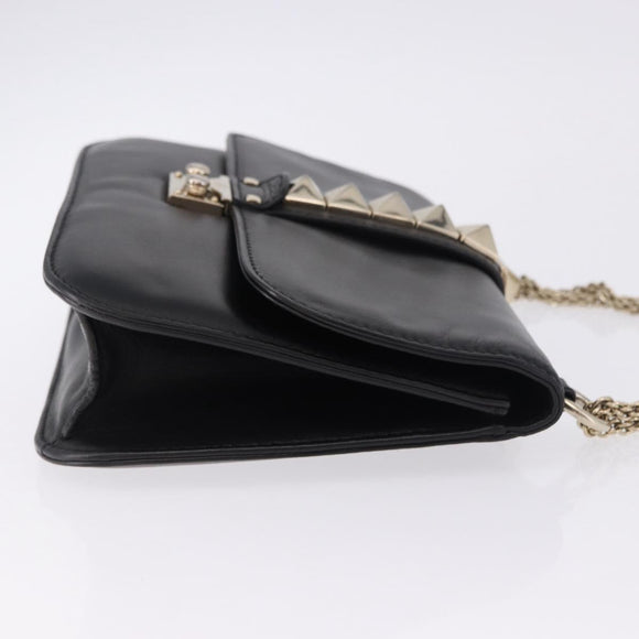 VALENTINO Studs Chain Shoulder Bag Leather Black Gold Tone Auth BA14768A