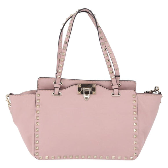 VALENTINO Studs Tote Bag Leather 2way Pink Gold Tone Auth BA14769