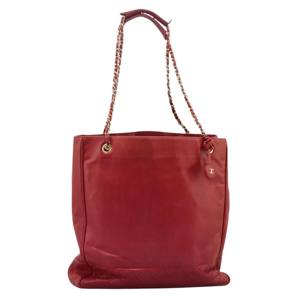 CHANEL Matelasse Chain Tote Bag Lamb Skin Gold Red CC Auth BA1477