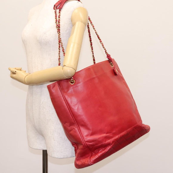 CHANEL Matelasse Chain Tote Bag Lamb Skin Gold Red CC Auth BA1477