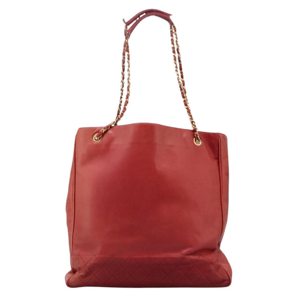 CHANEL Matelasse Chain Tote Bag Lamb Skin Gold Red CC Auth BA1477