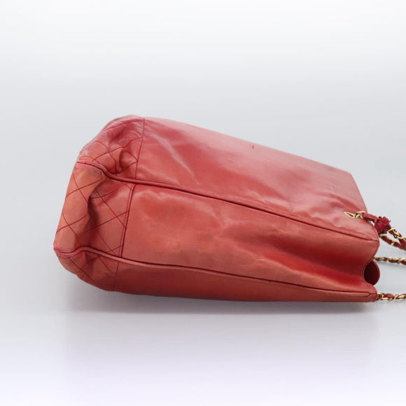 CHANEL Matelasse Chain Tote Bag Lamb Skin Gold Red CC Auth BA1477