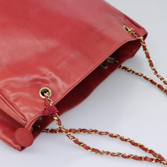 CHANEL Matelasse Chain Tote Bag Lamb Skin Gold Red CC Auth BA1477