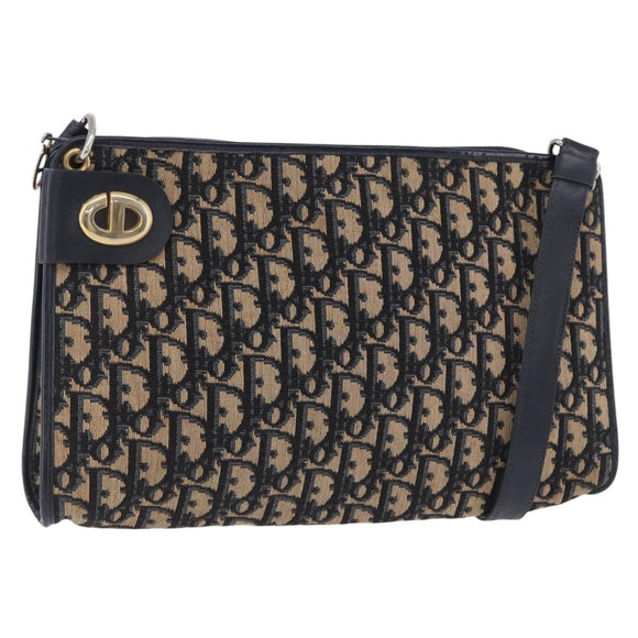 Christian Dior Trotter Canvas Shoulder Bag Navy Gold Tone Auth BA14771