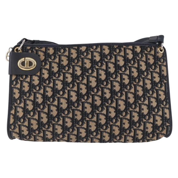 Christian Dior Trotter Canvas Shoulder Bag Navy Gold Tone Auth BA14771