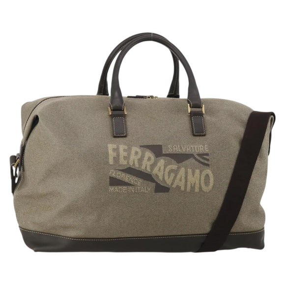 Salvatore Ferragamo Boston Bag Canvas 2way Khaki Gold Tone Auth BA14791