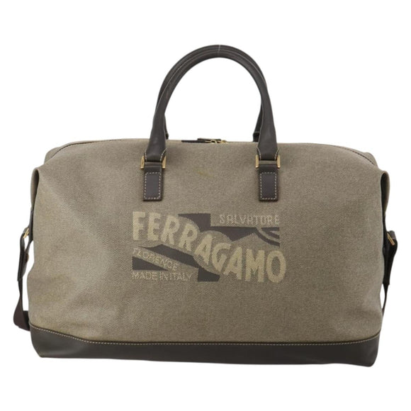 Salvatore Ferragamo Boston Bag Canvas 2way Khaki Gold Tone Auth BA14791