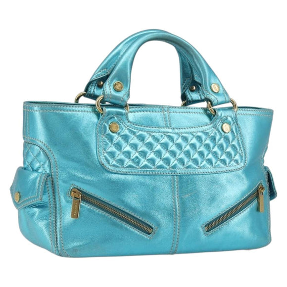CELINE Boogie Bag Hand Bag Leather Blue Gold Tone Auth BA14792V