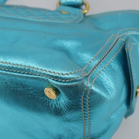 CELINE Boogie Bag Hand Bag Leather Blue Gold Tone Auth BA14792V