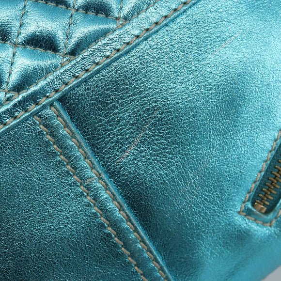 CELINE Boogie Bag Hand Bag Leather Blue Gold Tone Auth BA14792V