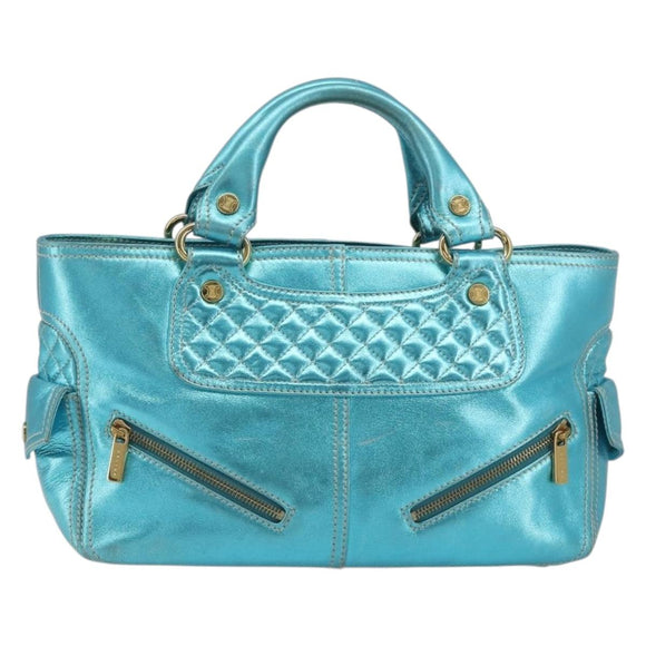 CELINE Boogie Bag Hand Bag Leather Blue Gold Tone Auth BA14792V