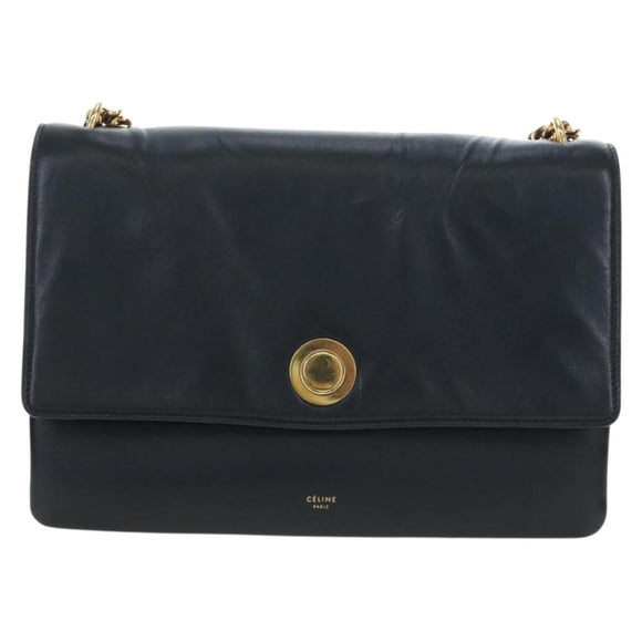 CELINE Chain Shoulder Bag Leather Black Gold Tone Auth BA14803V