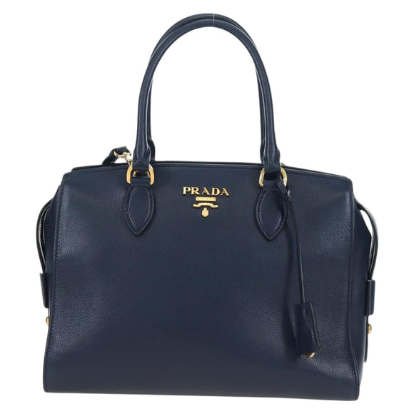 PRADA Vitterodino Hand Bag Leather 2way Navy Gold Tone Auth BA14804V