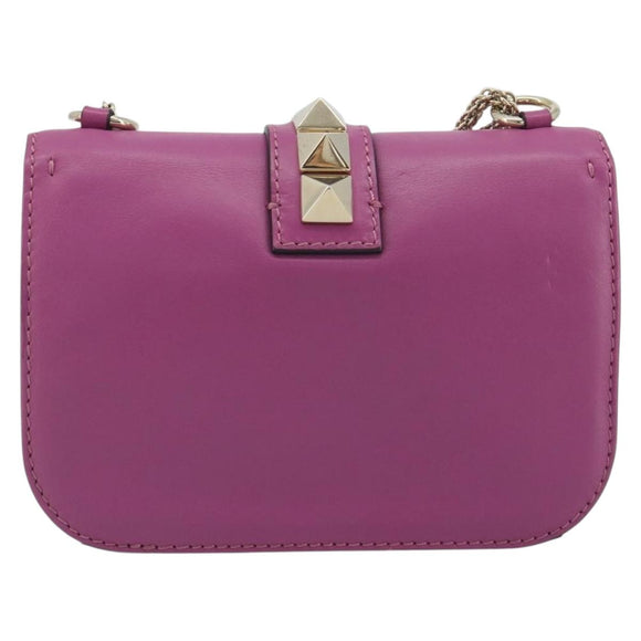 VALENTINO Studs Chain Shoulder Bag Leather Pink Gold Tone Auth BA14809A