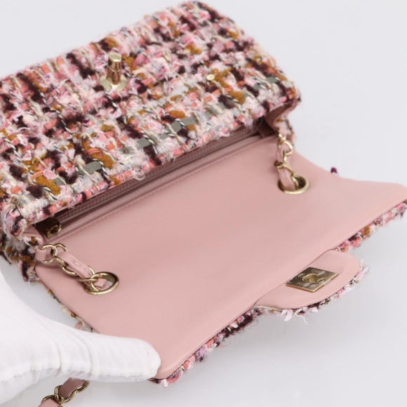 CHANEL Matelasse 20 Chain Shoulder Bag Tweed Pink Gold Tone CC Auth BA14811SM