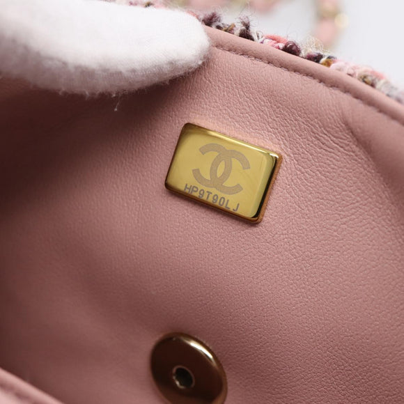 CHANEL Matelasse 20 Chain Shoulder Bag Tweed Pink Gold Tone CC Auth BA14811SM