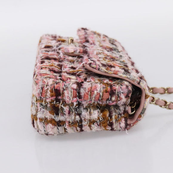CHANEL Matelasse 20 Chain Shoulder Bag Tweed Pink Gold Tone CC Auth BA14811SM
