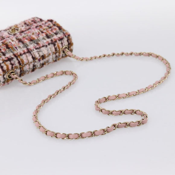 CHANEL Matelasse 20 Chain Shoulder Bag Tweed Pink Gold Tone CC Auth BA14811SM