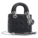 Christian Dior Lady Dior Hand Bag Lamb Skin 2way Black Silver Auth BA14814SM-1
