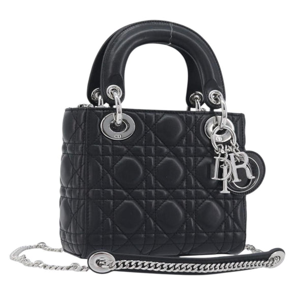 Christian Dior Lady Dior Hand Bag Lamb Skin 2way Black Silver Auth BA14814SM