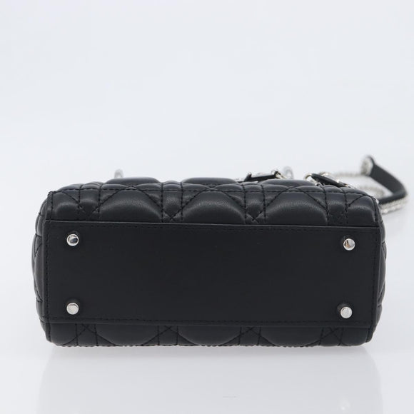 Christian Dior Lady Dior Hand Bag Lamb Skin 2way Black Silver Auth BA14814SM