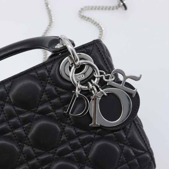 Christian Dior Lady Dior Hand Bag Lamb Skin 2way Black Silver Auth BA14814SM