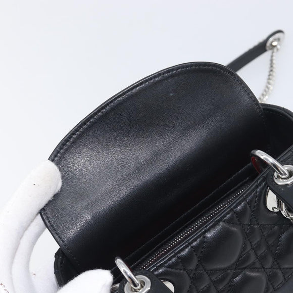 Christian Dior Lady Dior Hand Bag Lamb Skin 2way Black Silver Auth BA14814SM
