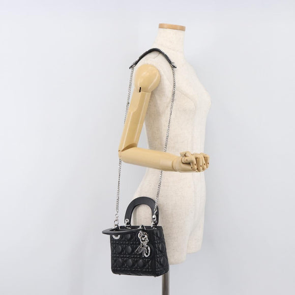 Christian Dior Lady Dior Hand Bag Lamb Skin 2way Black Silver Auth BA14814SM