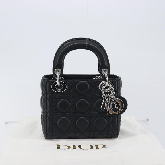 Christian Dior Lady Dior Hand Bag Lamb Skin 2way Black Silver Auth BA14814SM