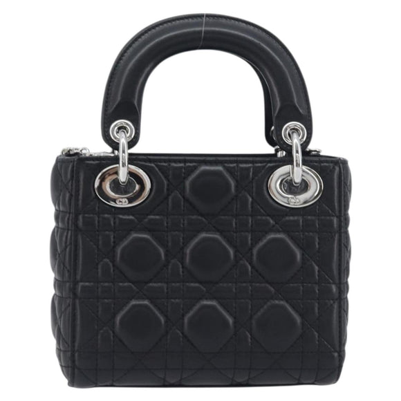 Christian Dior Lady Dior Hand Bag Lamb Skin 2way Black Silver Auth BA14814SM