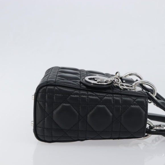 Christian Dior Lady Dior Hand Bag Lamb Skin 2way Black Silver Auth BA14814SM